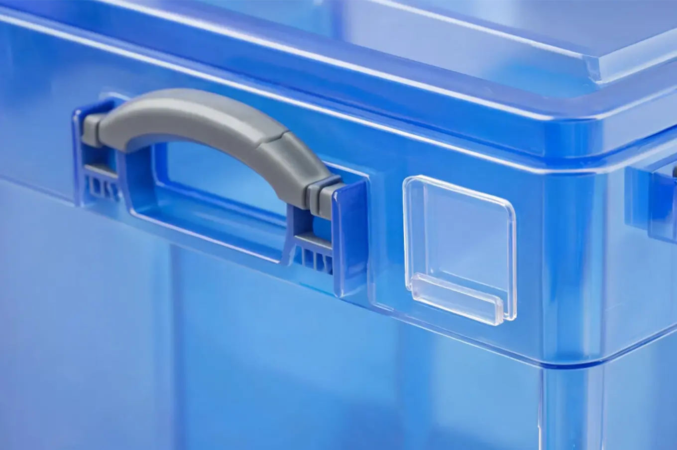 Molded handle and label holder on a blue storage bin